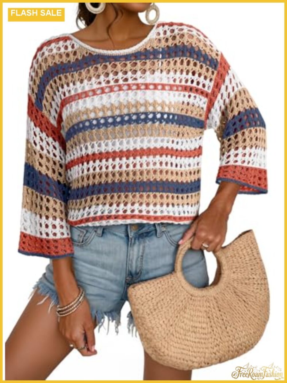 Womens 3/4 Sleeve Crochet Sweater Hollow Out Color Block Striped Coverup